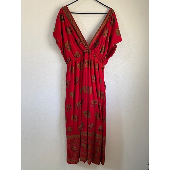 Lapogee Red Elephant Print Maxi Dress Boho V-Neck Maxi Dress Pockets Plus 3X - Picture 8 of 9